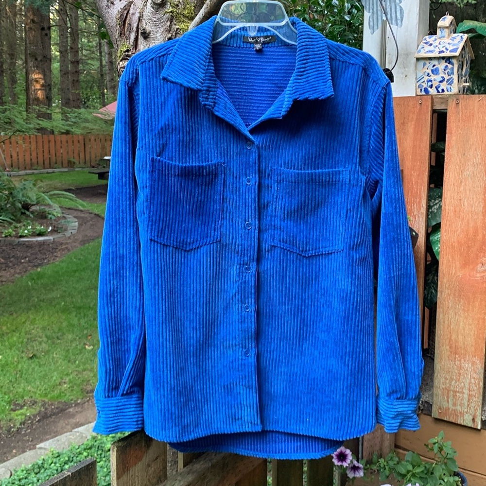 Velvet Heart Vibrant Blue Corduroy Button Down  Women’s Shirt NWOT